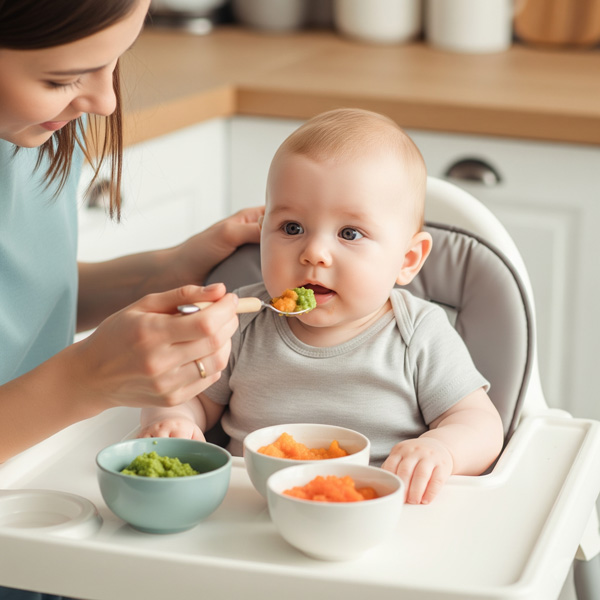 Parent feeding a 6-month-old baby pureed food in a high chair