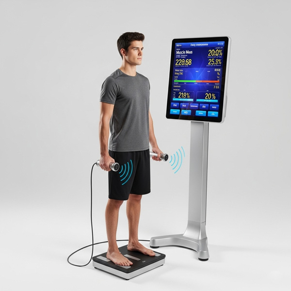 Man standing barefoot on a body composition analyzer, holding sensors and viewing detailed health metrics on screen