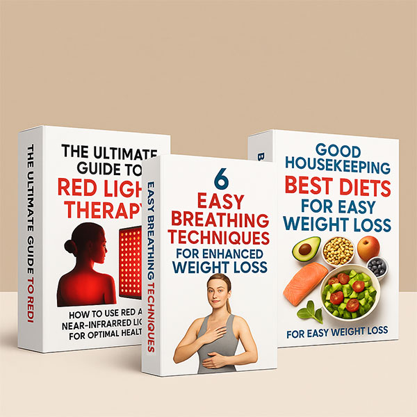 Three free ebooks about red light therapy, breathing techniques, and healthy diets for weight loss
